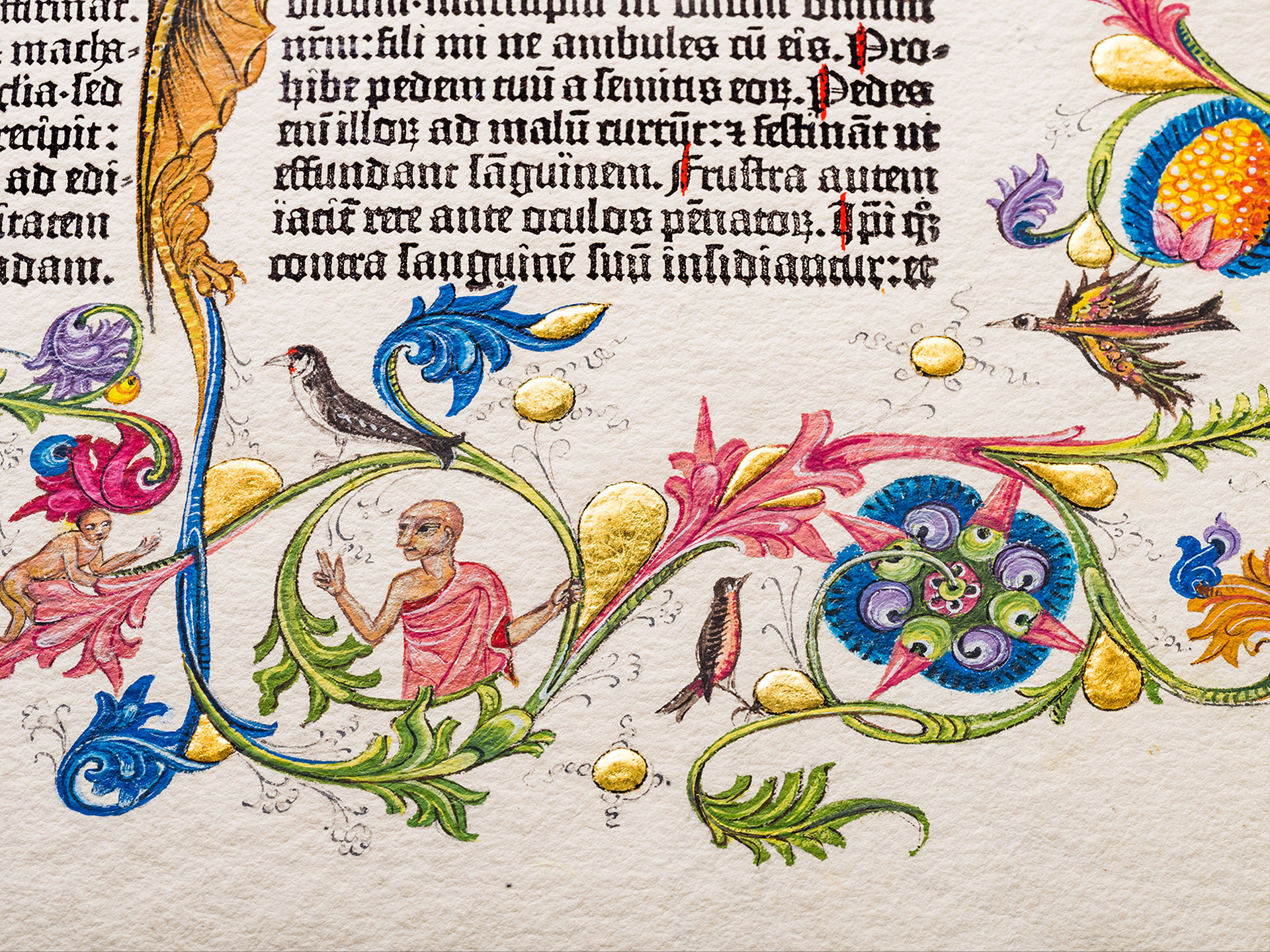 The Book of Proverbs. Ornamental page from the Gutenberg Bible